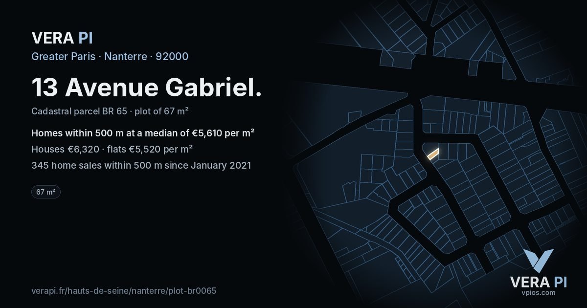 13 Avenue Gabriel, Nanterre at night – the plot lit, the parcels around coloured by the prices near them