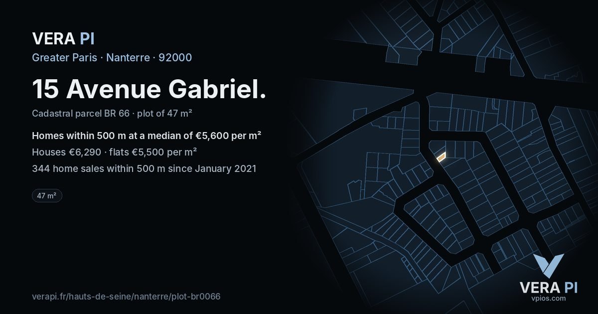 15 Avenue Gabriel, Nanterre at night – the plot lit, the parcels around coloured by the prices near them