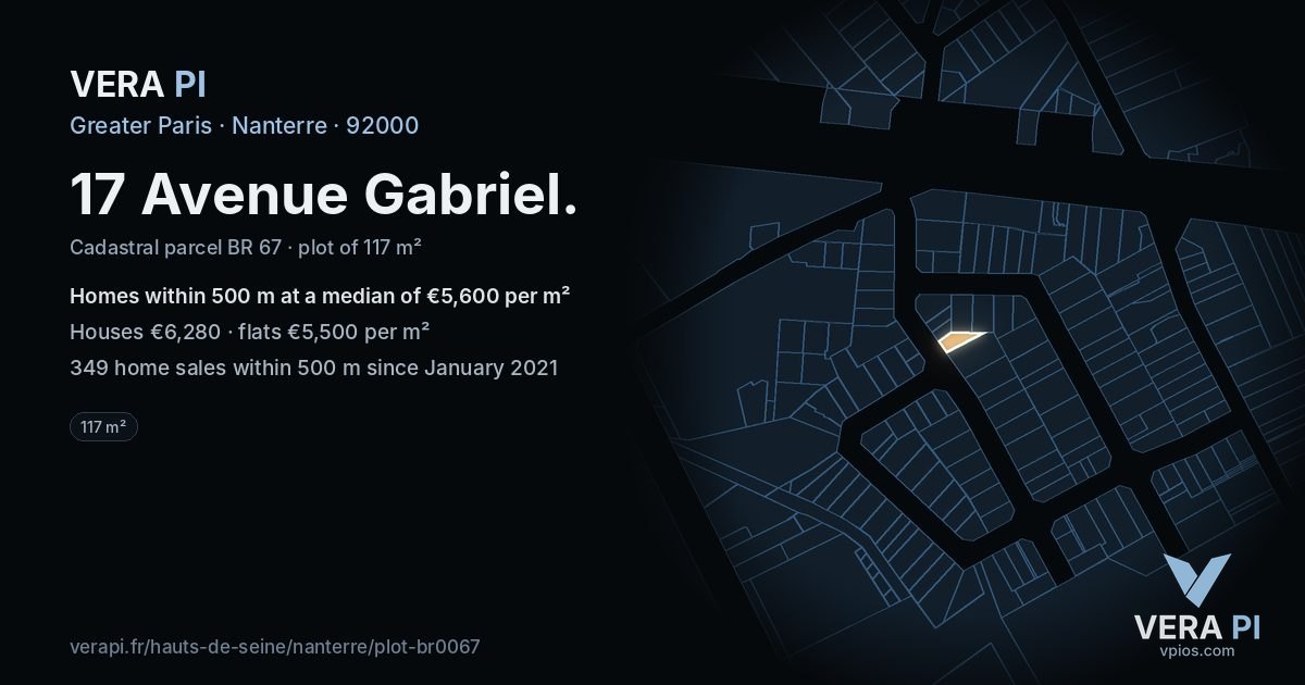 17 Avenue Gabriel, Nanterre at night – the plot lit, the parcels around coloured by the prices near them
