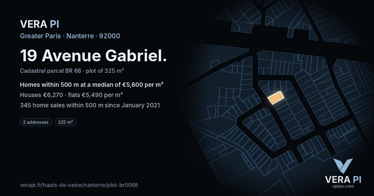19 Avenue Gabriel, Nanterre at night – the plot lit, the parcels around coloured by the prices near them