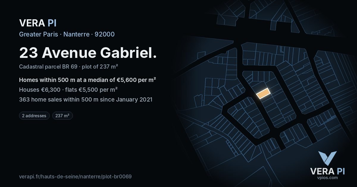 23 Avenue Gabriel, Nanterre at night – the plot lit, the parcels around coloured by the prices near them