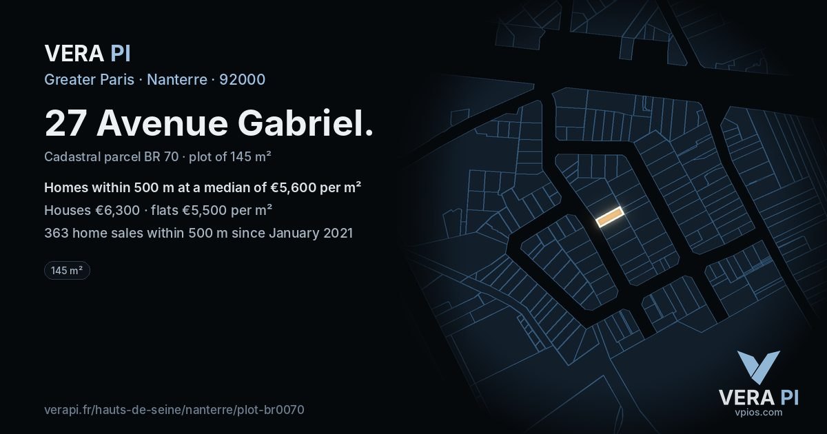 27 Avenue Gabriel, Nanterre at night – the plot lit, the parcels around coloured by the prices near them