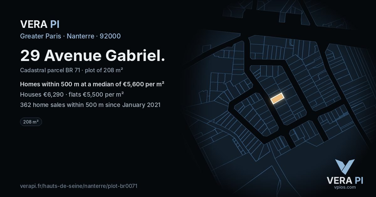 29 Avenue Gabriel, Nanterre at night – the plot lit, the parcels around coloured by the prices near them