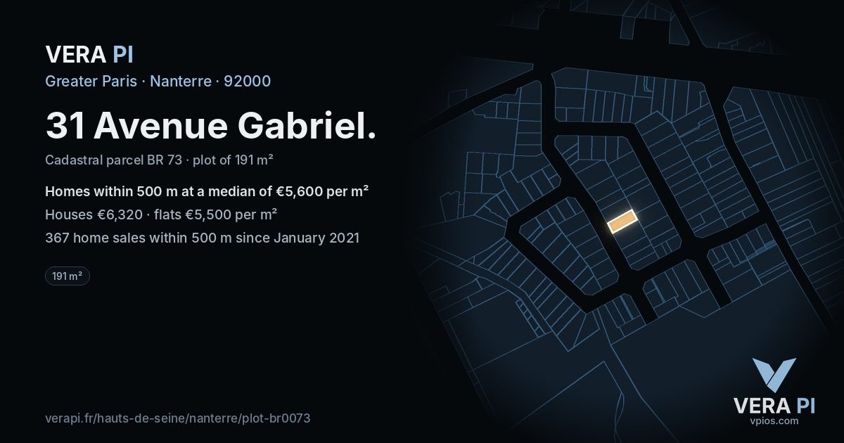 31 Avenue Gabriel, Nanterre at night – the plot lit, the parcels around coloured by the prices near them