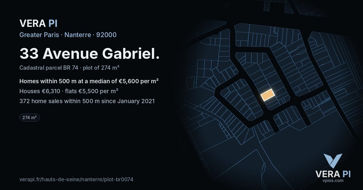 33 Avenue Gabriel, Nanterre at night – the plot lit, the parcels around coloured by the prices near them