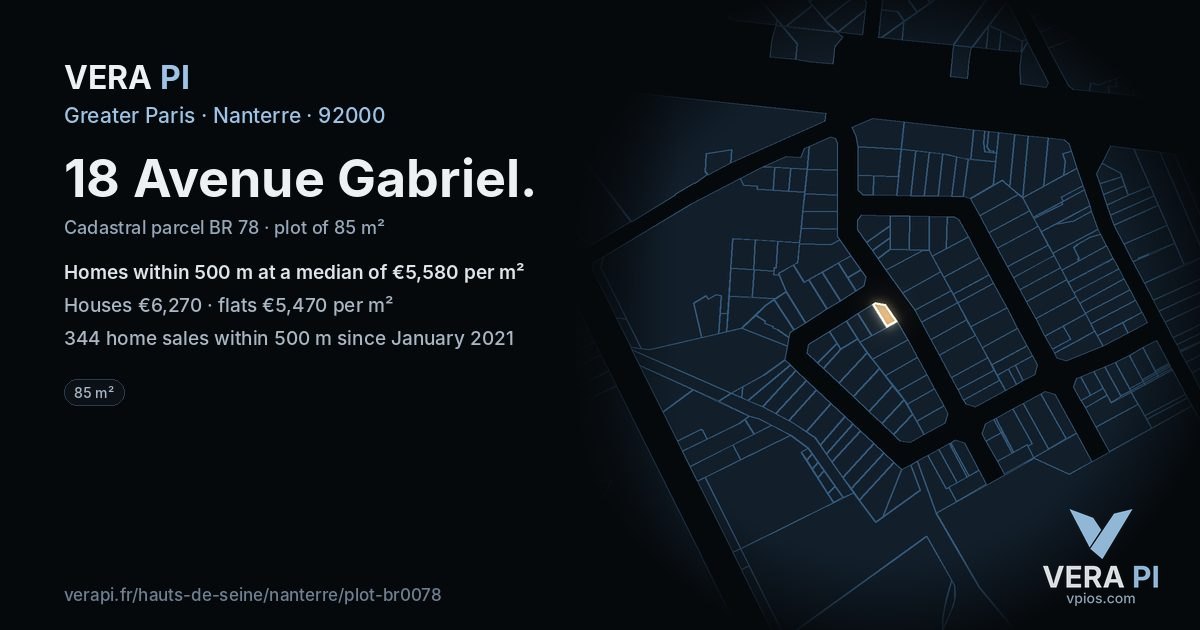 18 Avenue Gabriel, Nanterre at night – the plot lit, the parcels around coloured by the prices near them