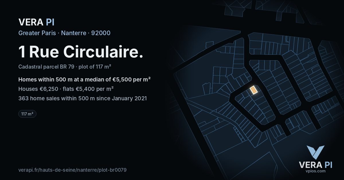 1 Rue Circulaire, Nanterre at night – the plot lit, the parcels around coloured by the prices near them