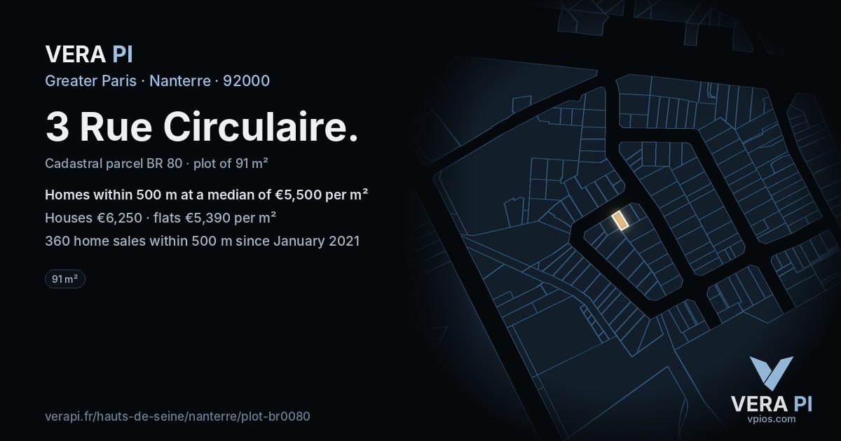 3 Rue Circulaire, Nanterre at night – the plot lit, the parcels around coloured by the prices near them