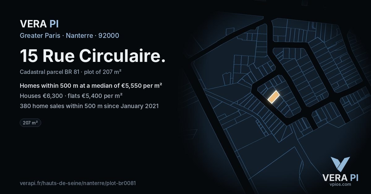 15 Rue Circulaire, Nanterre at night – the plot lit, the parcels around coloured by the prices near them