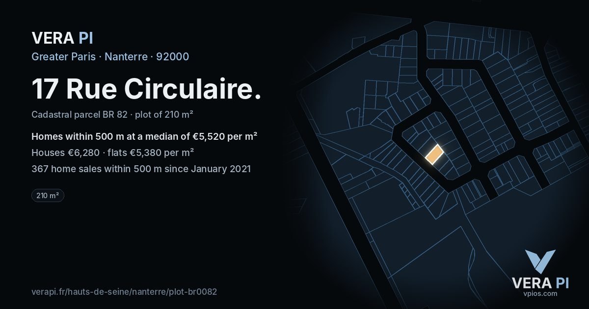 17 Rue Circulaire, Nanterre at night – the plot lit, the parcels around coloured by the prices near them