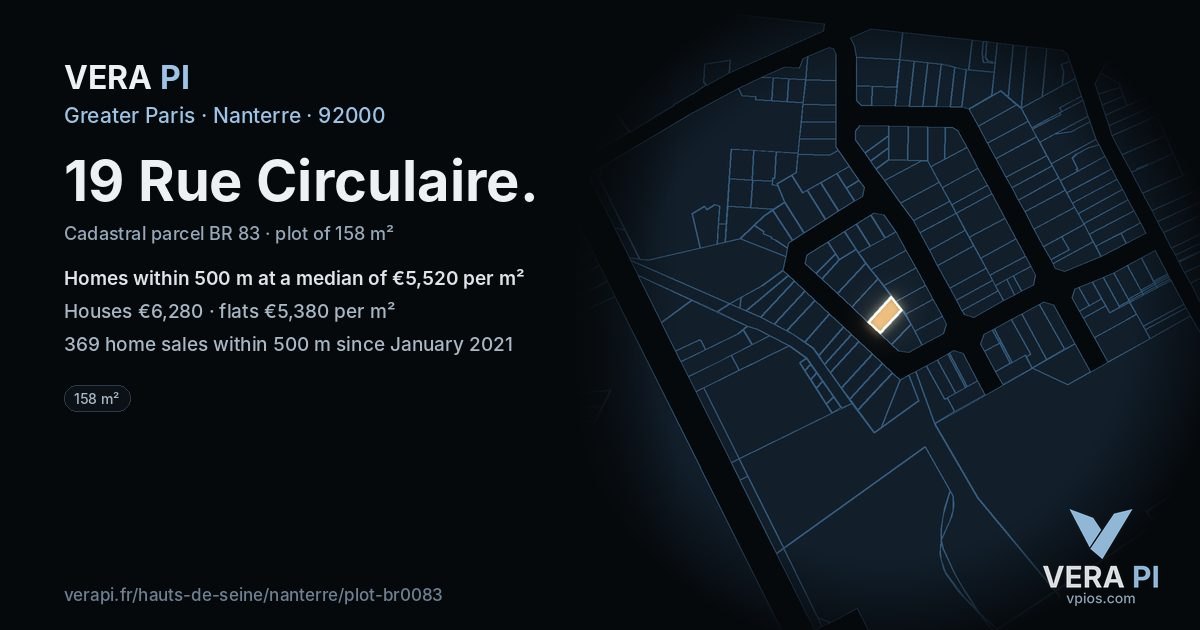 19 Rue Circulaire, Nanterre at night – the plot lit, the parcels around coloured by the prices near them