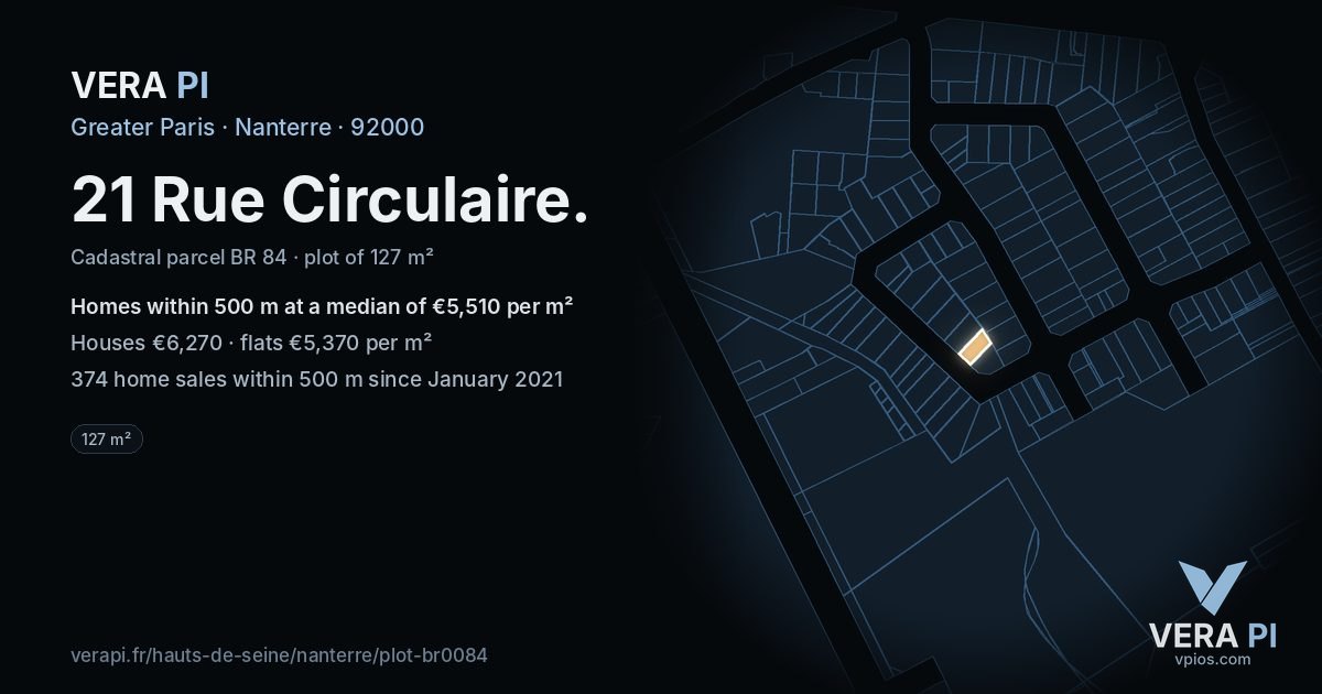 21 Rue Circulaire, Nanterre at night – the plot lit, the parcels around coloured by the prices near them