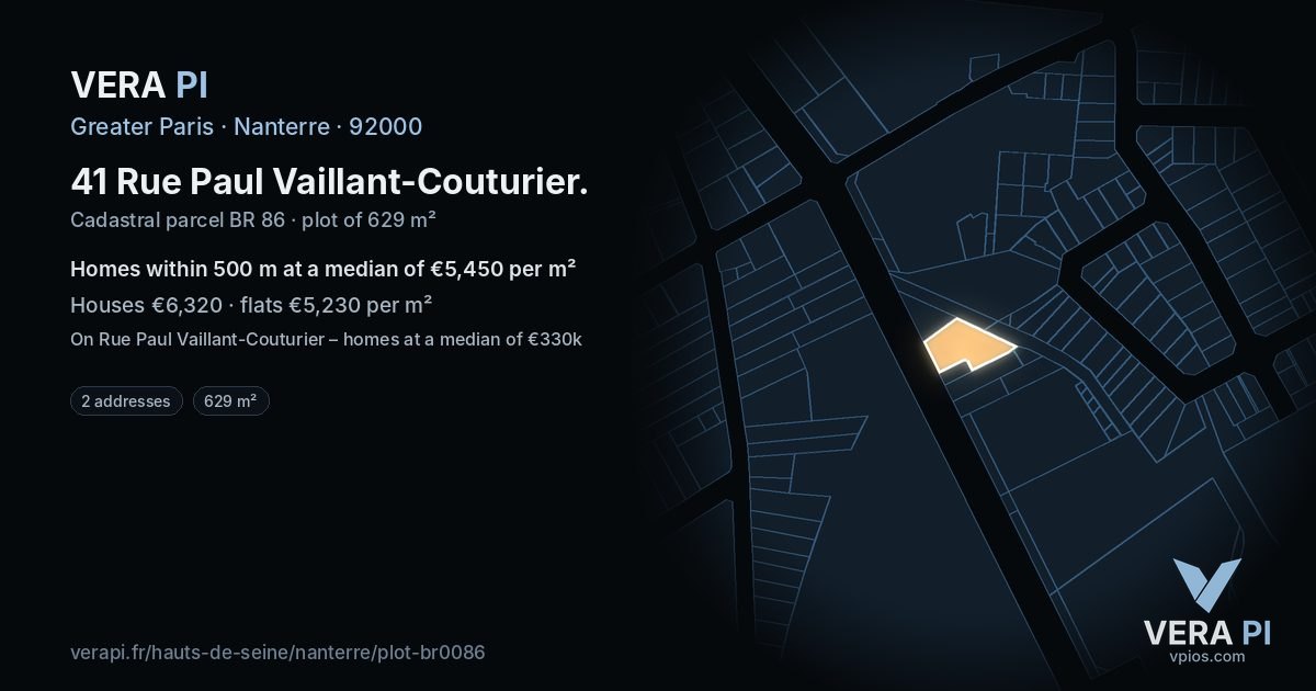 41 Rue Paul Vaillant-Couturier, Nanterre at night – the plot lit, the parcels around coloured by the prices near them