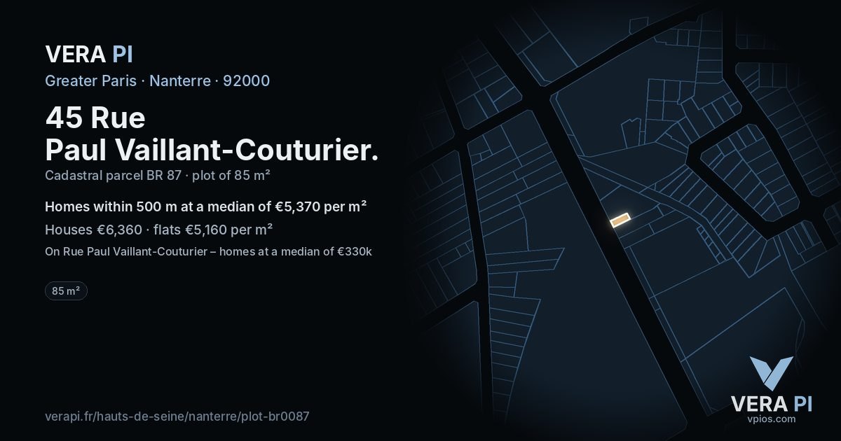 45 Rue Paul Vaillant-Couturier, Nanterre at night – the plot lit, the parcels around coloured by the prices near them