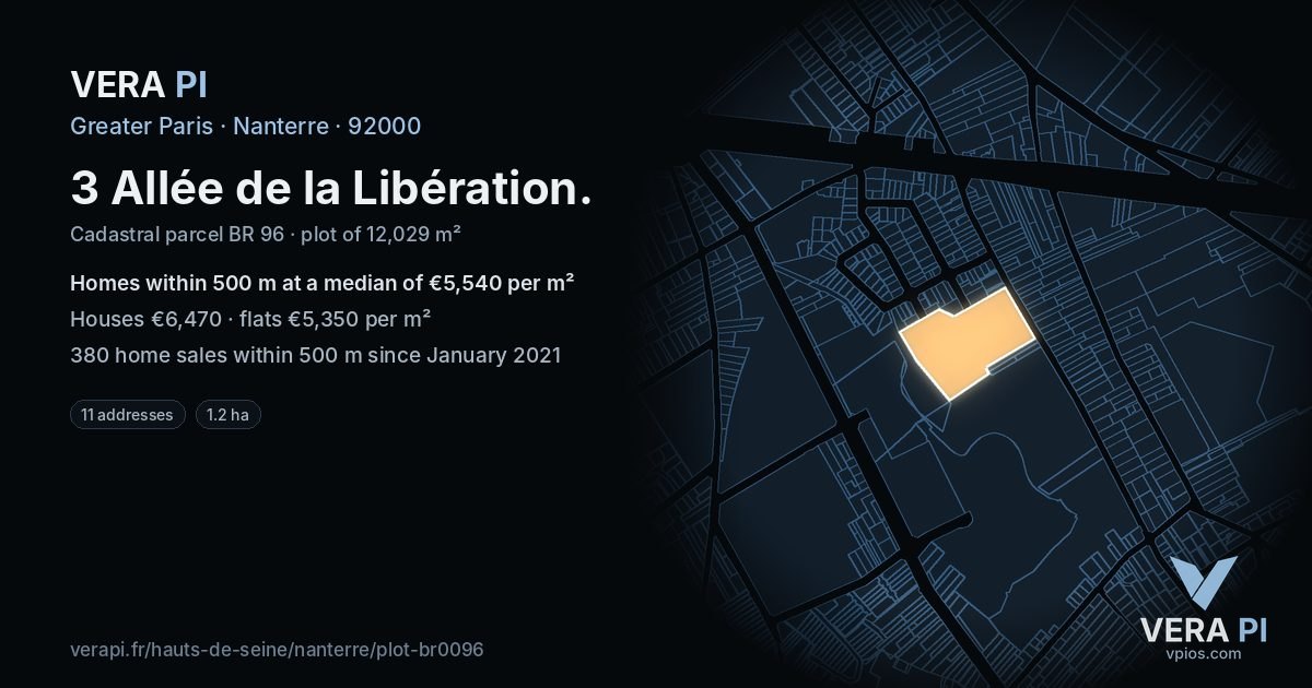 3 Allée de la Libération, Nanterre at night – the plot lit, the parcels around coloured by the prices near them