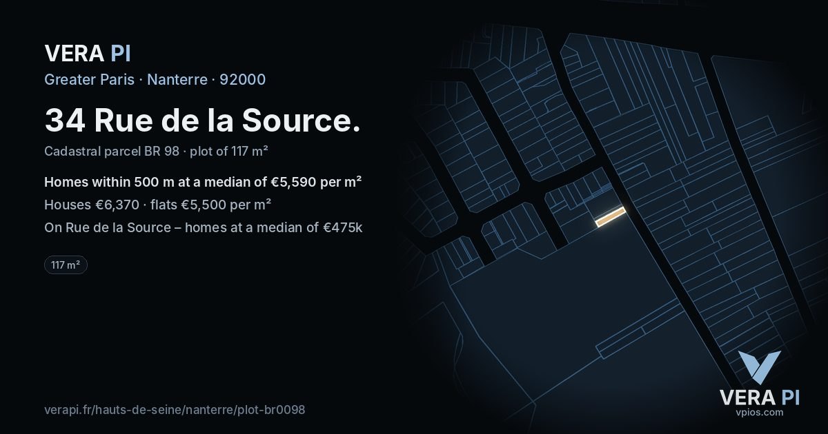 34 Rue de la Source, Nanterre at night – the plot lit, the parcels around coloured by the prices near them