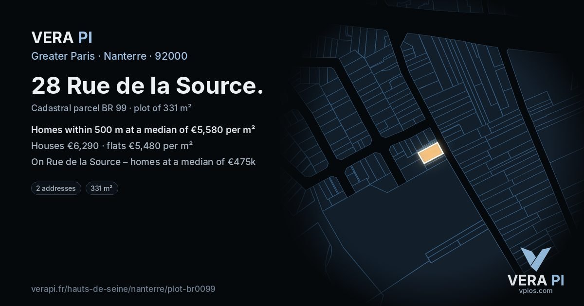 28 Rue de la Source, Nanterre at night – the plot lit, the parcels around coloured by the prices near them