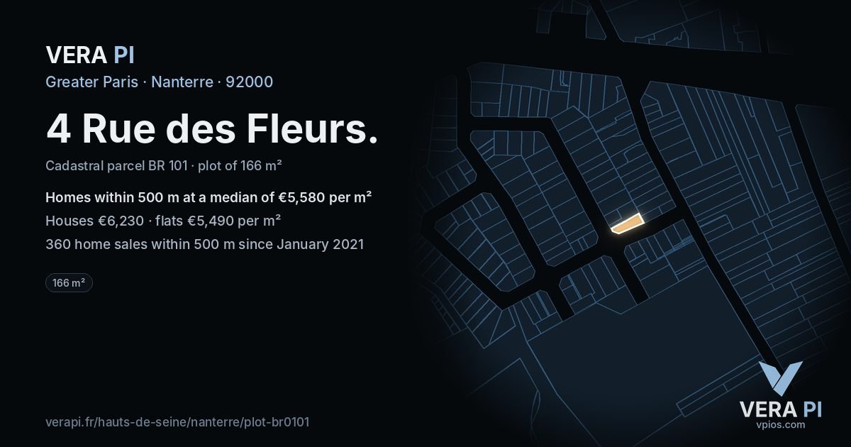4 Rue des Fleurs, Nanterre at night – the plot lit, the parcels around coloured by the prices near them