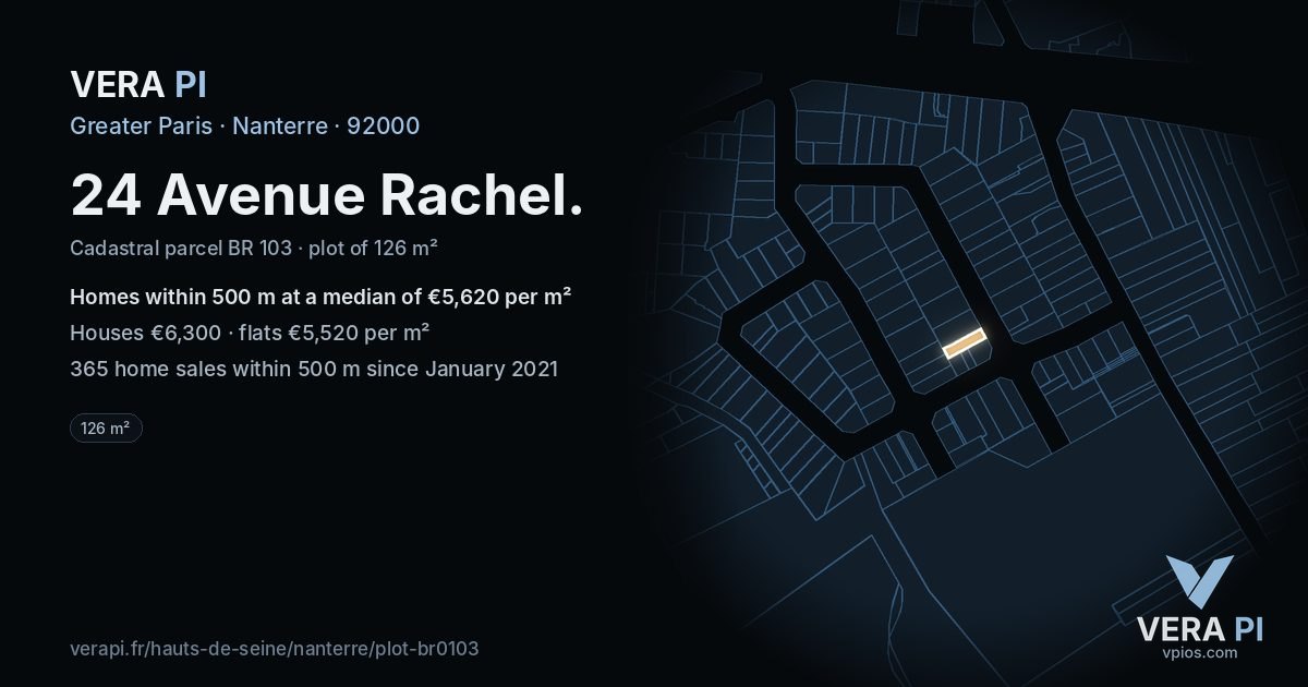 24 Avenue Rachel, Nanterre at night – the plot lit, the parcels around coloured by the prices near them