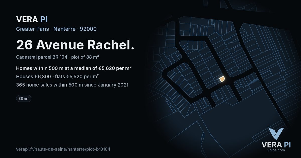 26 Avenue Rachel, Nanterre at night – the plot lit, the parcels around coloured by the prices near them