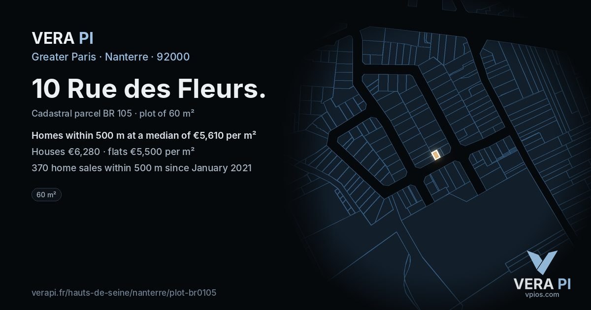 10 Rue des Fleurs, Nanterre at night – the plot lit, the parcels around coloured by the prices near them