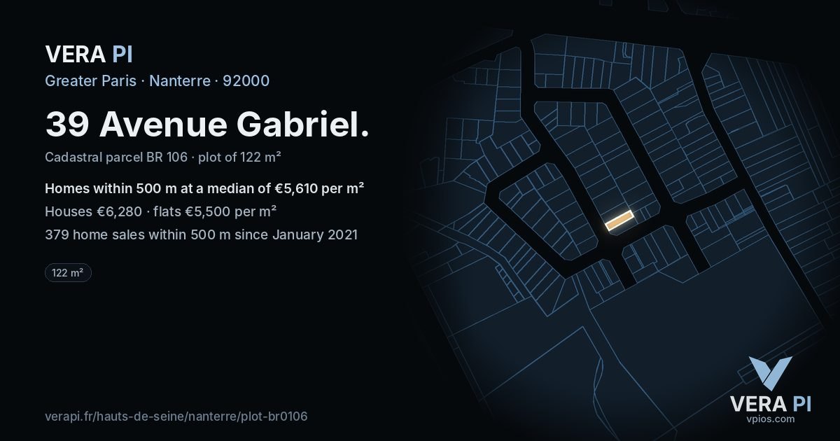 39 Avenue Gabriel, Nanterre at night – the plot lit, the parcels around coloured by the prices near them