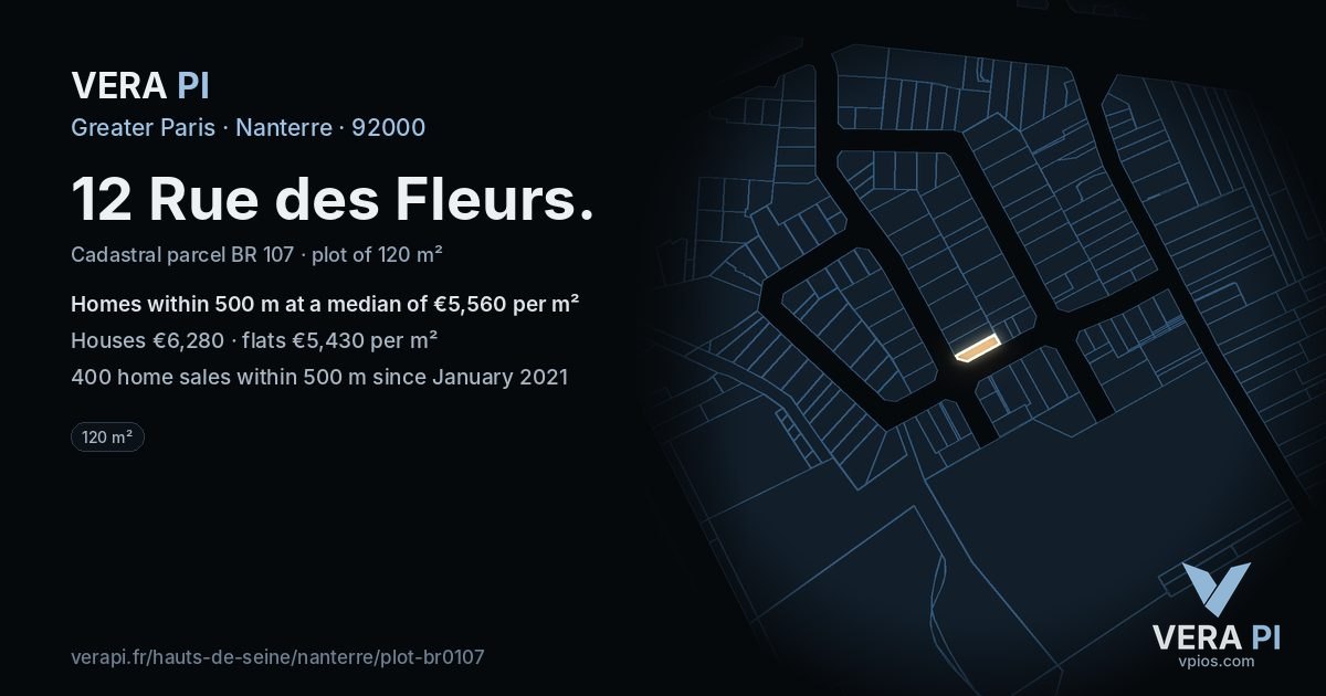 12 Rue des Fleurs, Nanterre at night – the plot lit, the parcels around coloured by the prices near them