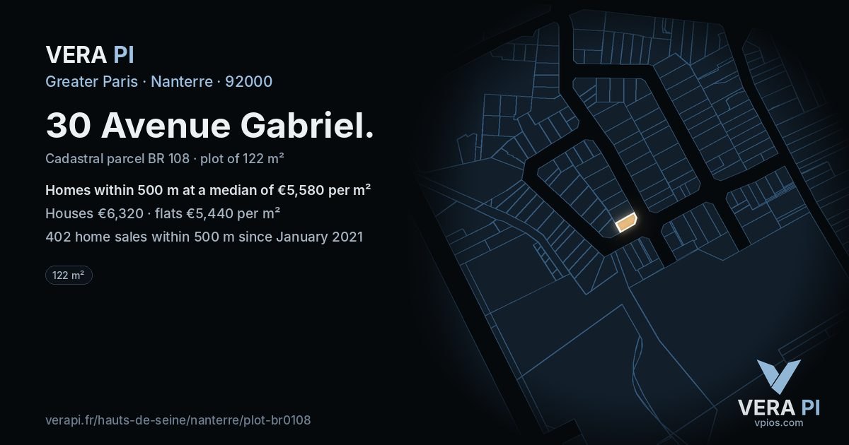 30 Avenue Gabriel, Nanterre at night – the plot lit, the parcels around coloured by the prices near them