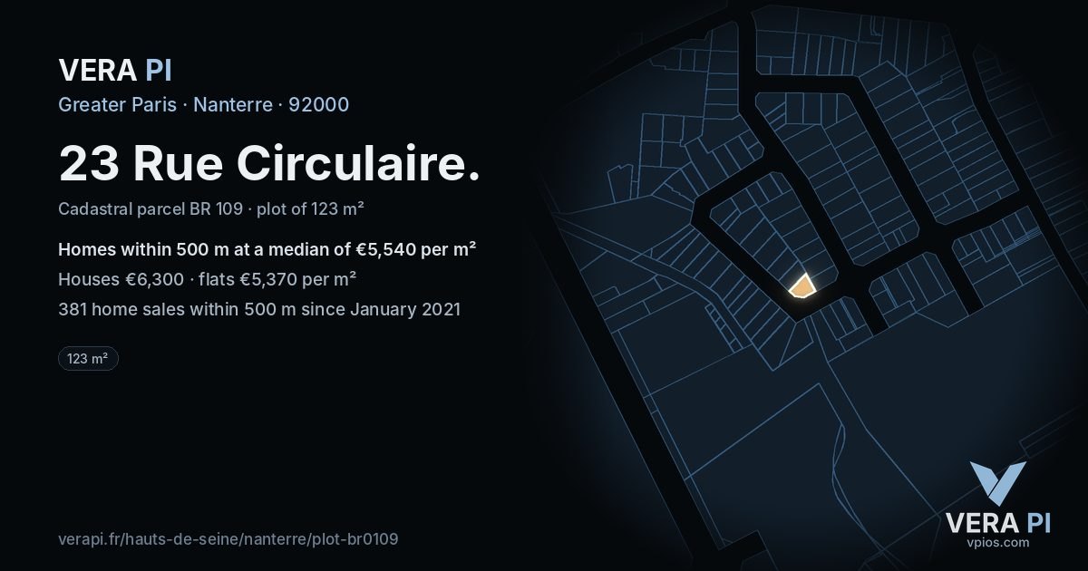 23 Rue Circulaire, Nanterre at night – the plot lit, the parcels around coloured by the prices near them