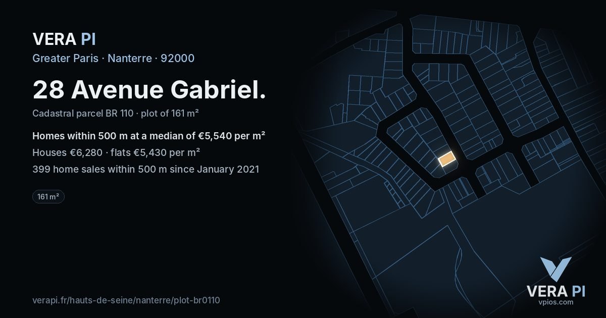 28 Avenue Gabriel, Nanterre at night – the plot lit, the parcels around coloured by the prices near them