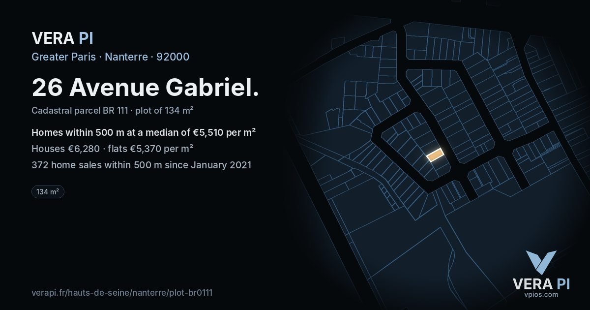 26 Avenue Gabriel, Nanterre at night – the plot lit, the parcels around coloured by the prices near them
