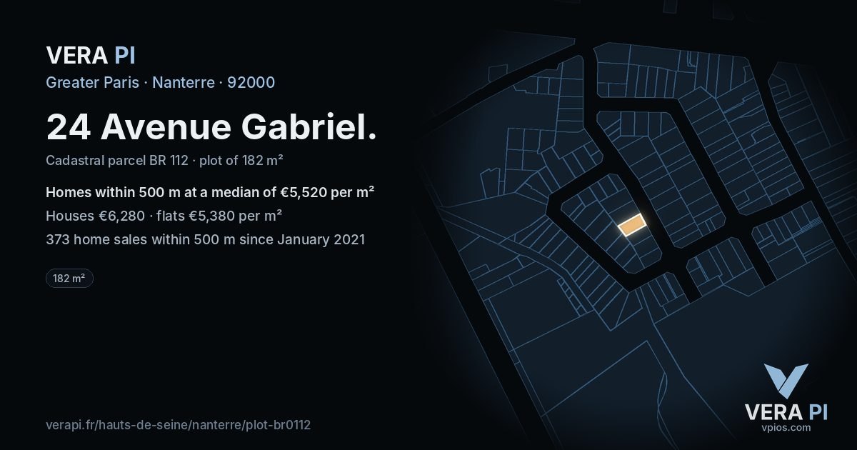24 Avenue Gabriel, Nanterre at night – the plot lit, the parcels around coloured by the prices near them