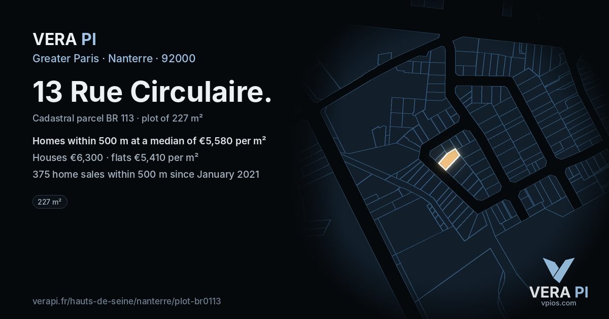 13 Rue Circulaire, Nanterre at night – the plot lit, the parcels around coloured by the prices near them
