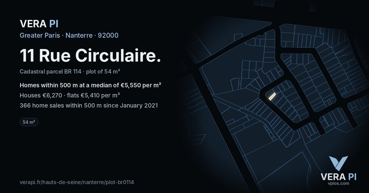 11 Rue Circulaire, Nanterre at night – the plot lit, the parcels around coloured by the prices near them