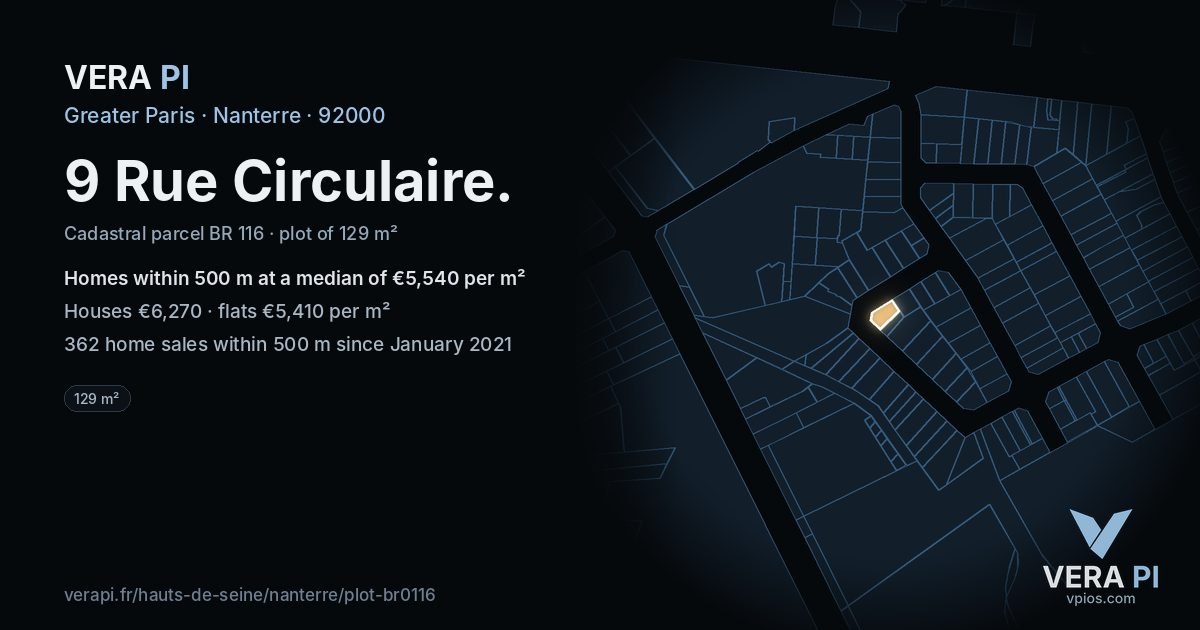 9 Rue Circulaire, Nanterre at night – the plot lit, the parcels around coloured by the prices near them