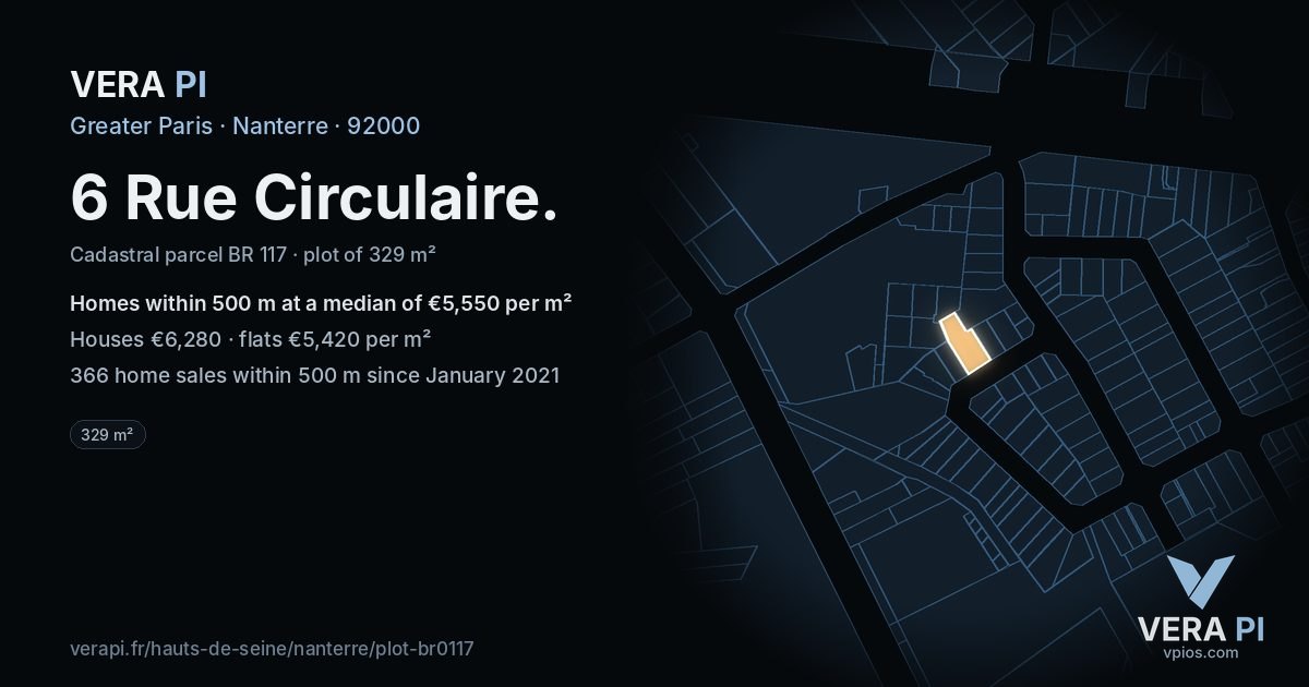 6 Rue Circulaire, Nanterre at night – the plot lit, the parcels around coloured by the prices near them