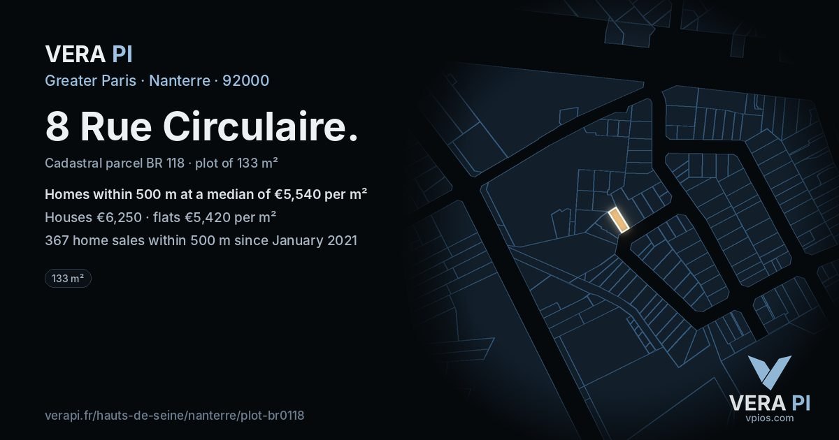 8 Rue Circulaire, Nanterre at night – the plot lit, the parcels around coloured by the prices near them