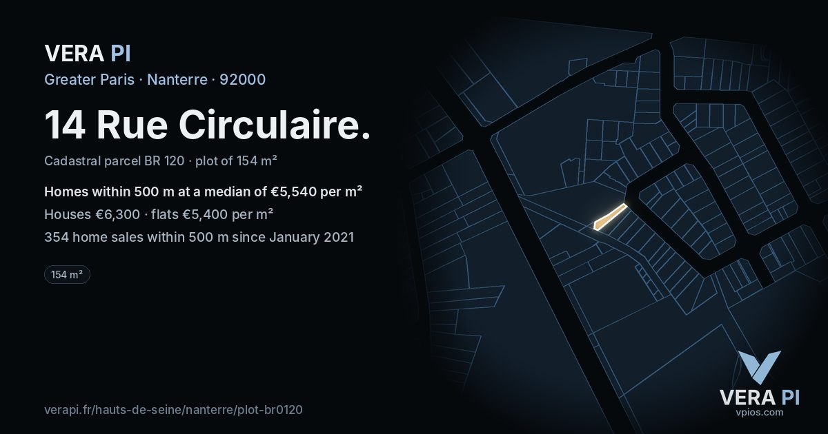 14 Rue Circulaire, Nanterre at night – the plot lit, the parcels around coloured by the prices near them