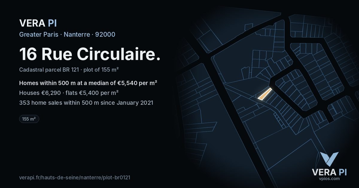 16 Rue Circulaire, Nanterre at night – the plot lit, the parcels around coloured by the prices near them