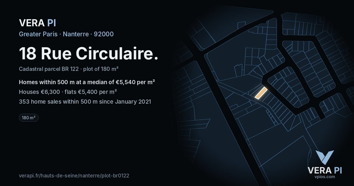 18 Rue Circulaire, Nanterre at night – the plot lit, the parcels around coloured by the prices near them