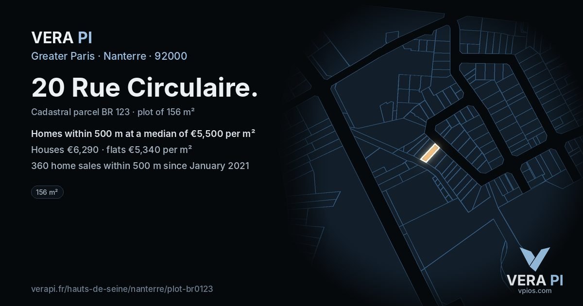 20 Rue Circulaire, Nanterre at night – the plot lit, the parcels around coloured by the prices near them