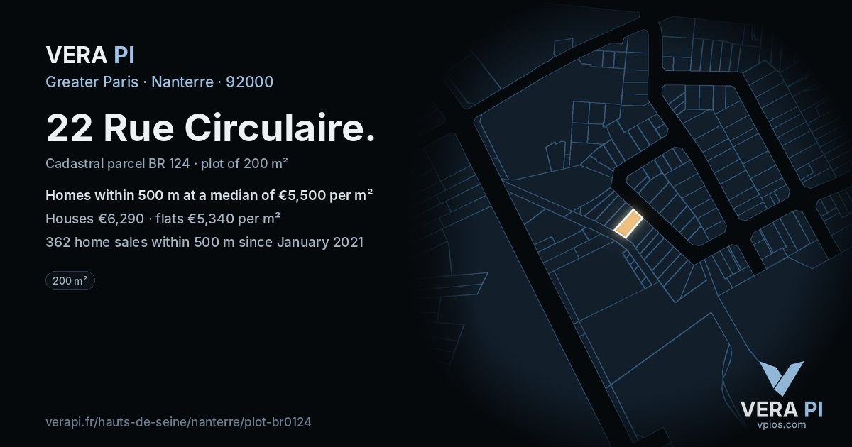 22 Rue Circulaire, Nanterre at night – the plot lit, the parcels around coloured by the prices near them