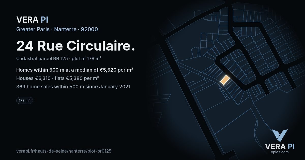 24 Rue Circulaire, Nanterre at night – the plot lit, the parcels around coloured by the prices near them
