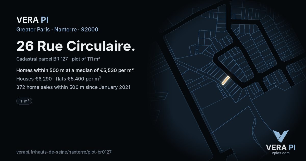 26 Rue Circulaire, Nanterre at night – the plot lit, the parcels around coloured by the prices near them