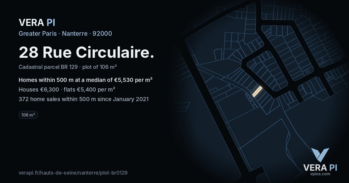 28 Rue Circulaire, Nanterre at night – the plot lit, the parcels around coloured by the prices near them