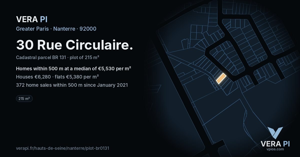 30 Rue Circulaire, Nanterre at night – the plot lit, the parcels around coloured by the prices near them