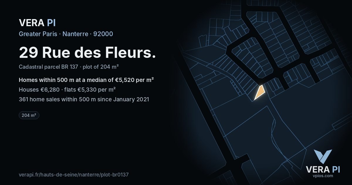 29 Rue des Fleurs, Nanterre at night – the plot lit, the parcels around coloured by the prices near them