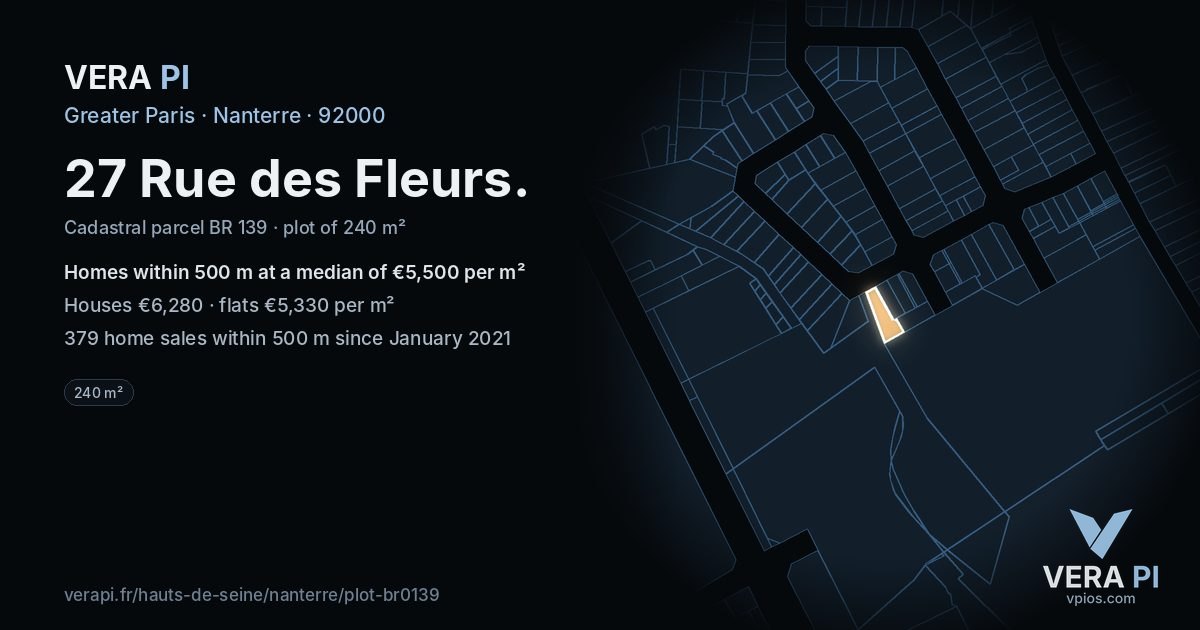 27 Rue des Fleurs, Nanterre at night – the plot lit, the parcels around coloured by the prices near them