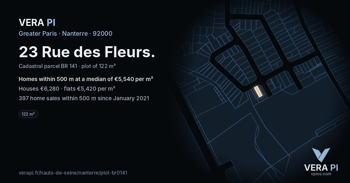 23 Rue des Fleurs, Nanterre at night – the plot lit, the parcels around coloured by the prices near them