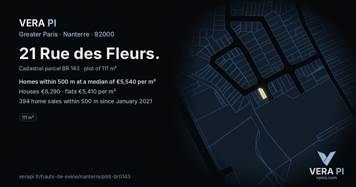 21 Rue des Fleurs, Nanterre at night – the plot lit, the parcels around coloured by the prices near them